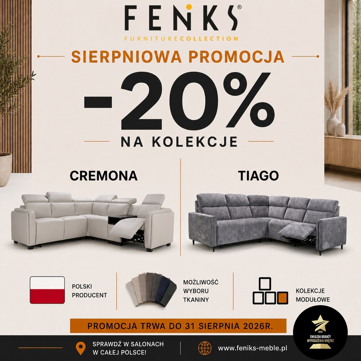 PROMOCJA !!!  RABAT 10% na kolekcje CREMONA i TIAGO marki FENIKS. 
